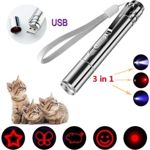 3 in 1 USB Rechargeable Funny Cat Chaser Toys Mini Flashlight Laser LED Pen Light Cat Light Pointers Funny Pet Toys Dropshipping