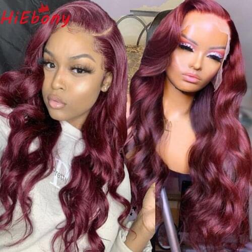 HiEbony #99j Preplucked Remy Human Hair Lace Front Wig Burgundy Loose Wave 180% density 13x6 Glueless Lace Front Wigs Free Part