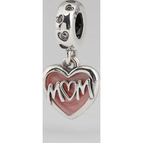 Authentic S925 Silver Pendant Love Mom Cream Dangle Charm fit Lady Bracelet Bangle Pink Enamel CZ
