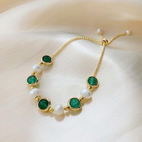 Baroque Pearl Green Stone Round Bead Bracelet For Woman Classic Elegant Fashion Korean Jewelry Party Girls Gift Bracelet