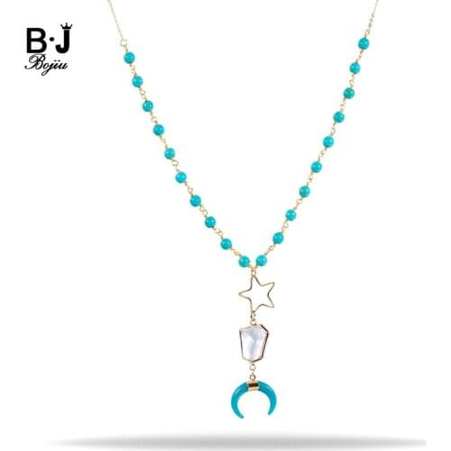 BOJIU Women Jewelry Long Nekclace Blue Turq.Bead Star Charm Horn Pendant New Jewelry NKS150