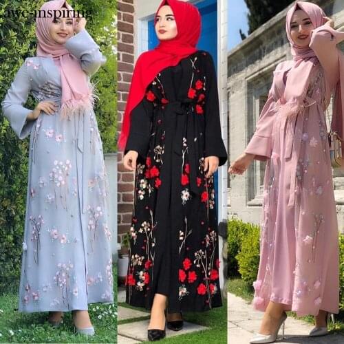Floral Turkish Kimono Dubai Muslim Hijab Dress For Women Kaftan Caftan Prayer Islamic Fashion Pink Robe Femme Abaya Marocain