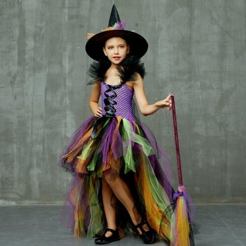 Girls Halloween Witch Tutu Rainbow Dress Trailing Tulle Kids Children Carnival Party Dress Cosplay Costume Ball Gown Costume Dre