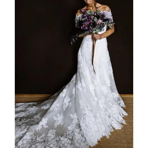 Long Lace Wedding Dresses for Bride 2021 A Line Off Shoulder Short Sleeves Long Train Bridal Gowns vestido de noiva