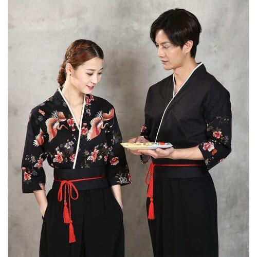 New Unisex Japanese Korea Style Medium Sleeve Cook Uniform Kimono Waiter Work Wear Chef Sushi Restaurant Overalls