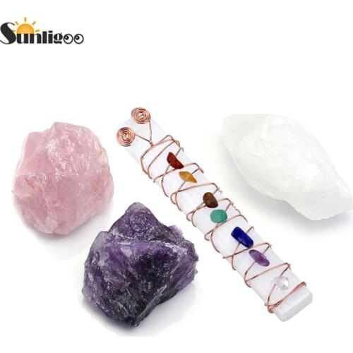 Sunligoo 7 Chakra Reiki Healing Stones Kit Rough Amethyst Rose Quartz Raw Stone Rose Gold Copper Wire Wraped Raw Selenite Stick