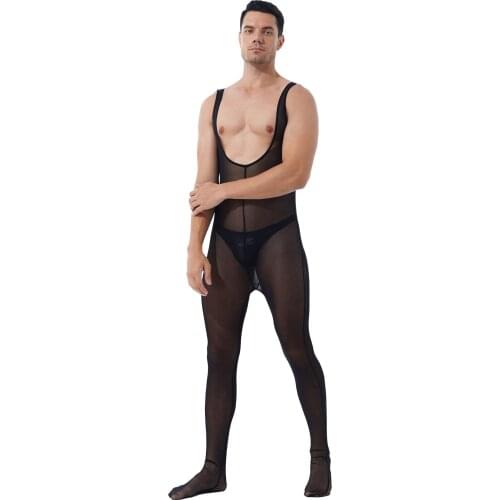 Mens Sexy See-Through Mesh Bodysuit Nightwear Lingerie Body-Stocking Scoop Neck Sleeveless Bar Club Stage Performance Costume