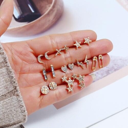 9pair set creative earrings for women with stars/crescent/heart/cross and inlay rhinestone design in gold tone female Kolczyki