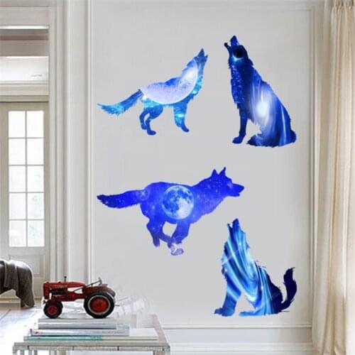 New 3D fantasy planet starry wolf wall sticker, living room bedroom wall decoration modern art mural