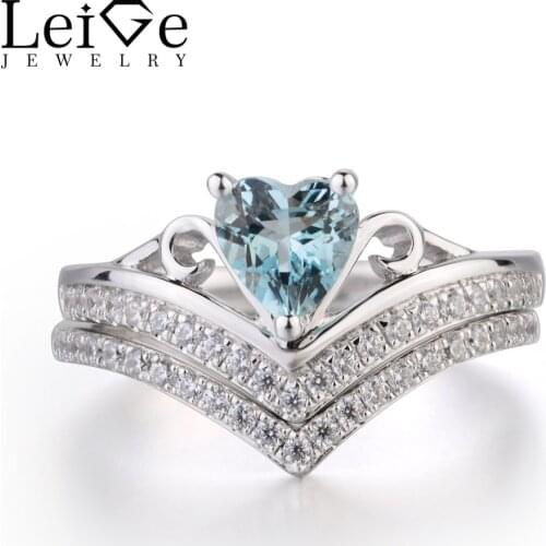 Leige Jewelry Wedding Rings Natural Aquamarine Ring Blue Gems Heart Cut Gemstone March Birthstone 925 Sterling Silver Ring