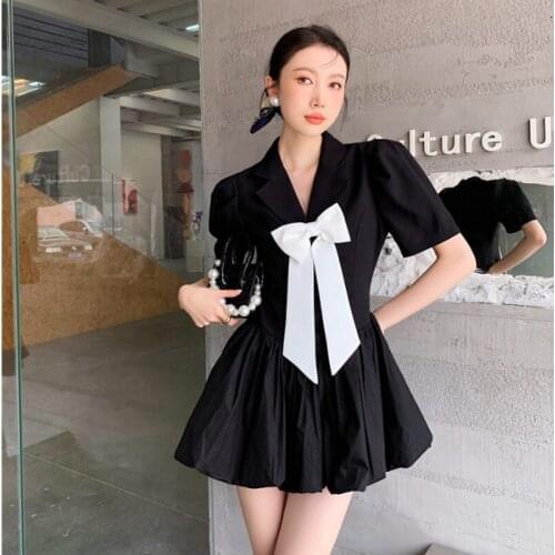 Bowknot Puff Sleeve Black Suit Dress Women Summer Korean Fashion Kawaii Ball Gown High Waist A-Line Puffy Dress