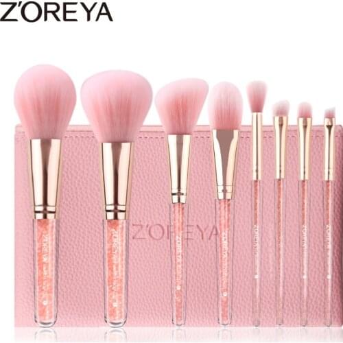 ZOREYA 8PCS Pink Crystal Makeup Brushes With Super Soft Synthetic Hair Foundation Blush Concealer Eye Brow Make Up Brush Set