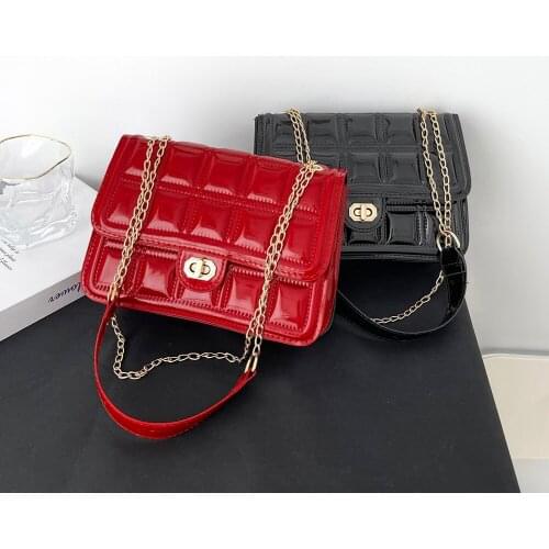Fashion Women Checker Pattern Chain Patent PU Leather Shoulder Crossbody Messenger Bag Casual Ladies Small Purse Handbags