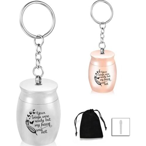 Souvenir Keychain Angel Wings Charm Key Chain & Jar Memorial Urn Necklace Stainless Steel Cremation Ashes Jewelry