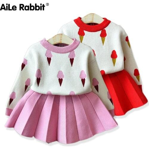Girls Sweater Set 2019 New Autumn Girls Ice Cream Set Long-sleeved Sweater Top Skirt Two-piece Childrens Wear Kids Clothes Set
