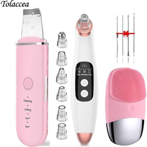 Ultrasonic Skin Scrubber Cleaner Face Lifting Peeling+Blackhead Remover Vacuum Pore Cleaner + Silicone Facial Cleansing Brush