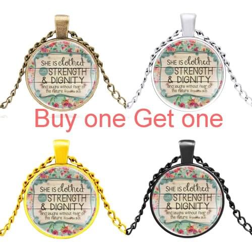 Vintage Bible Verse "she Is Clothed with Strength Dignity " Glass Dome Pendant Necklace Men Women Jewelry Gifts