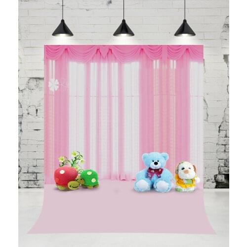 VinylBDS Pink Curtain Indoor Room Photography Backdrops Teddy Bears and Flower Decorations Photo Studio Background for Children