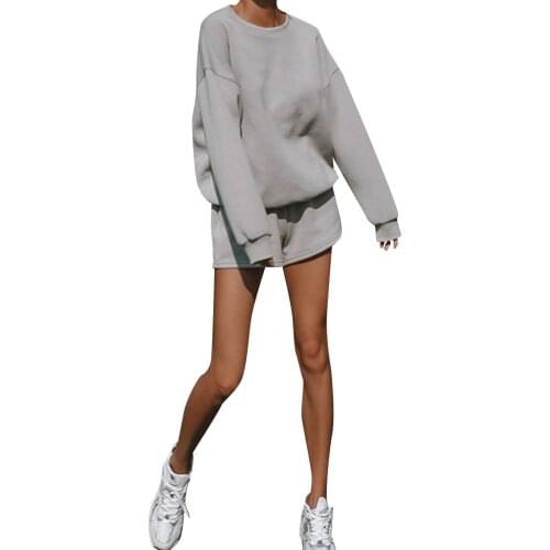 Women Two-piece Clothes Set Solid Color Round Collar Long Sleeve Tops and Elastic Waist Shorts, Khaki/ Pale Yellow/ Grey