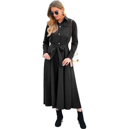 Work Wear Turn Down Collar Button Long Shirt Dress Womens Pocket Long Sleeve Hight Waist Bandgae Elegant Office Lady Dresses