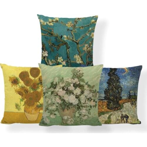 Famous Oil Painting Plant Cushions Van Gogh Painter Pillow Case Oil Printed Family Holiday Gift Pillow With Cover 45*45 Burlap