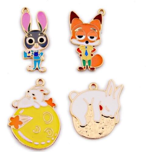 10Pcs/lot Cute Cartoon Fox Bunny Enamel Charm Metal Gold Pendants Handmade Craft Charms for DIY Earrings Jewelry Making