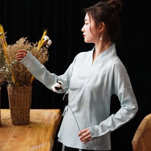 2020 Chinese Style Cotton Linen Shirt Women Blouse Blusa Solid Long Sleeve Top Vintage Retro Shirt Ancient Costume Improve Hanfu