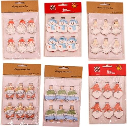 6pcs Christmas Santa Claus Angel Photo Wall Clip Wooden Pendant DIY Craft Ornament Xmas Tree Accessories Home Decor Kids Gifts
