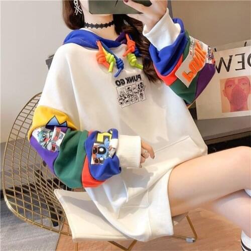 White Patchwork Hoodie Sweatshirt Girl Spring Women Loose Amine Hip Hop Tops Cute Funny Oversize Korean High Street Hoodies Coat
