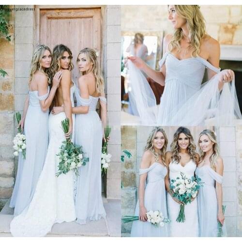 Draped Off-shoulder Beach Boho Long Blue Bridesmaid Dress Cheap Garden Wedding Party Guest Maid of Honor Gown Plus Size