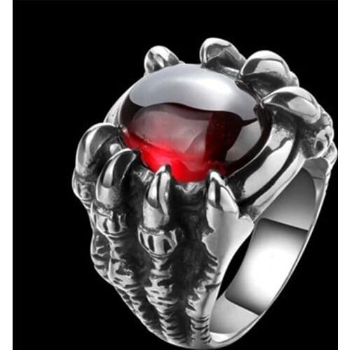 Dragon Claw Retro Punk Goth Big Black Red Stone Mens Alloy Cast Ring Gothic Punk Men Bijoux Mens Big Stone Ring Gem Red