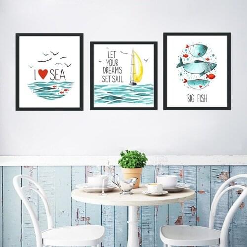 Cartoon Ocean Landscape Canvas Painting LET YOUR DREAMS SET SAIL I LOVE SEA Poster Study Bedroom Wall Art Quadro Decor Pictures