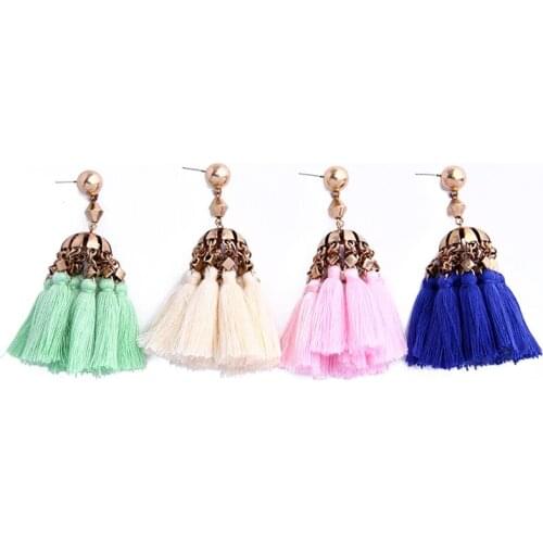 Bulk Price 4 Color Blue&Green&Pink&White Cotton Tassel Line Drop Earrings Fashion Bohemia Ethnic Earrings Jewelry Brincos