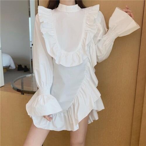 Autumn Patchwork Flare Sleeve White Ruffled Shirt Dress Women Stand Neck Loose Irregular Casual Queen Mini Dress Robe