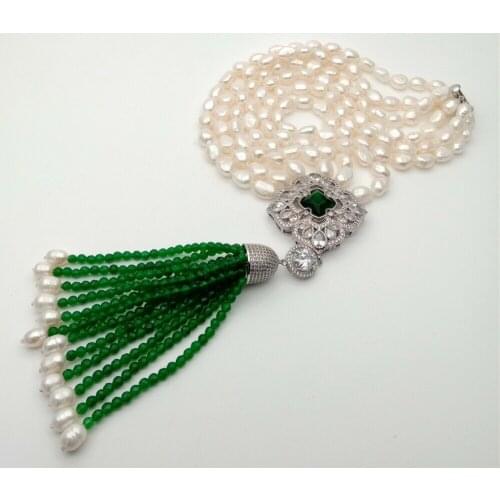 3 Strands White baroque Pearl Necklace CZ pave flower Green Jade Pendant tassel