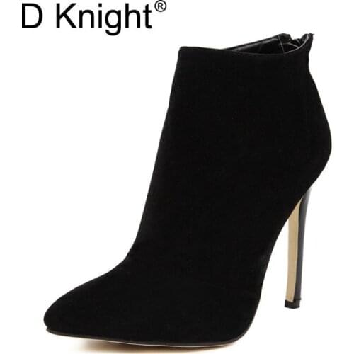 Sexy Pointed Toe Thin High Heels Women Ankle Boots Ladies Elegant Flock Winter Short Boots New Concise Solid Back Zipper Boots