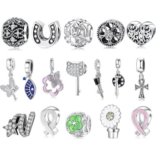 Authentic 925 Sterling Silver Heart-shaped Flowers Ribbon Butterfly Pendants Beads Jewerly Making Fits Original Bracelet DIY