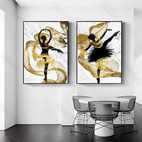 Nordic Style Frameless Canvas Painting Poster Art Dancing Charming Girls Golden Ribbons for Living Room Bedroom Wall Decoration