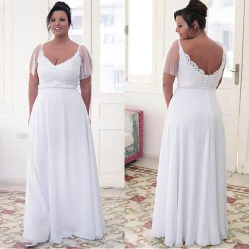 Chic Tulle & Chiffon V-neck A-line Plus Size Wedding Dresses Floor Length Appliques Plus Size Dress Bridal Gowns Robe De Mariage