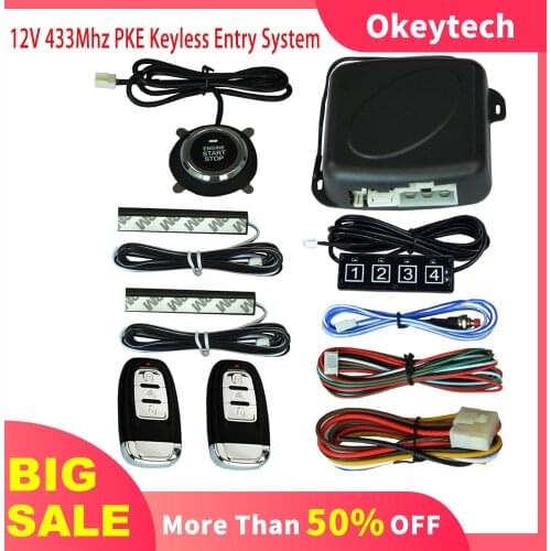 OkeyTech 12V 433Mhz Auto Car Keyless Entry Start System PKE Car Alarm System One Start Stop Engine Push Button Vehicle for SUV
