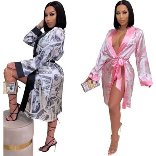 UBILAH Hot Sale Ladies Nightgown Fashion Dollar Printed Cardigan Home Wear Bathrobe Pajamas Sexy Nightwear Robe Sets Night Gown