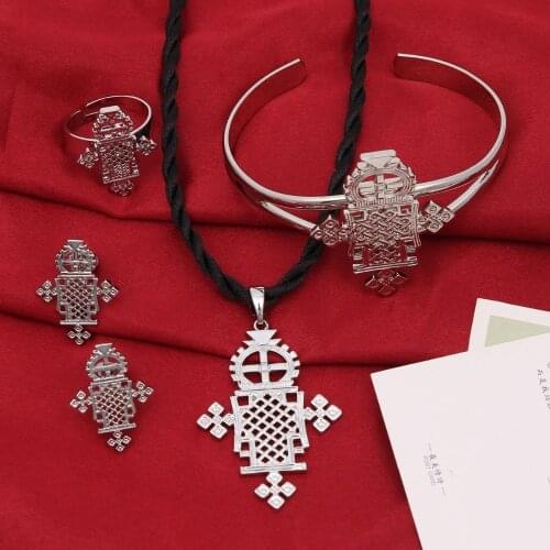 Bright Silver Ethiopian Jewelry Eritrea Habesha Pendant Rope Chain Bangle Earrings Ring Jewelry African Wedding
