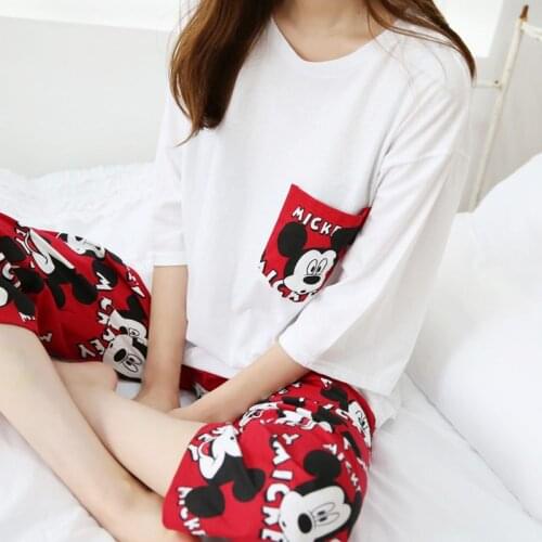 Summer autumn lady Three quarter pajama bottoms +pajama top Cartoon Mickey mouse sleepwear set women minnie home clothing