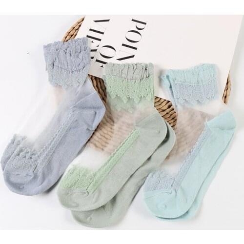 DONG AI 3 pairs transparent fashion glass silk bamboo fiber bottom classical flower crystal silk female socks