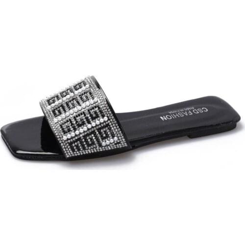 Plus Size Rhinestone G Word Women Slippers Sandals Shoes Antiskid Flat Sole Slippers Woman Sandals Slides Beach Shoes