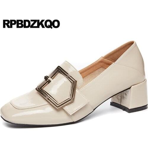 Ladies high heels slipper patent leather square toe pumps women korean chunky beige thick medium shoes fashion size 33 metal