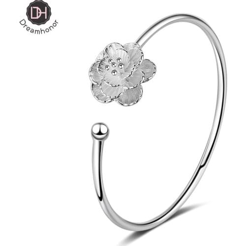 Dreamhonor Simple Fashion 925 Silver Flower Bangles Women Classic Handmade Silver Creative Open Cuff Bangles Jewelry