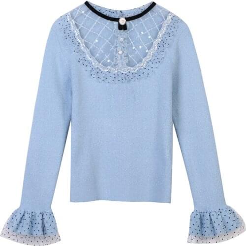 Ladies Pullover Flared Sleeve Top Sweater O-Neck Beaded Lace Pullover Sexy Slim Blue Sweater 2021 Spring Fashion Top Clothes