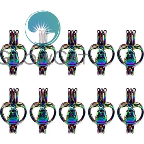 10x C397 Rainbow Bird in Heart Stone Beads Cage Jewelry Making Perfume Essential Oil Diffuser Pearl Cage Locket Pendant