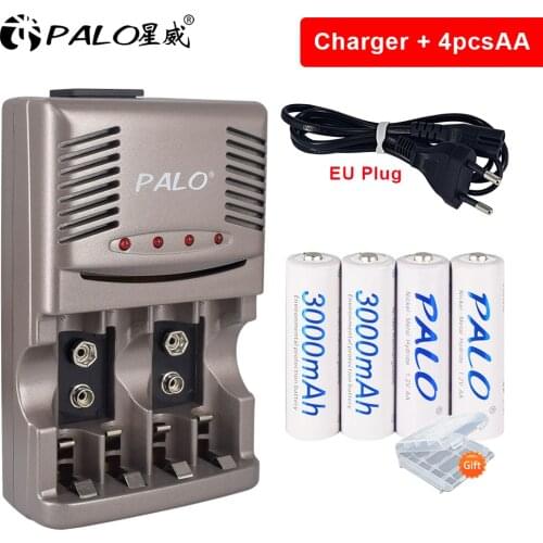 PALO 4-12pcs AA rechargeable battery AA 3000mah 1.2V AA battery for camera+aa aaa battery charger 9V battery charger LED display